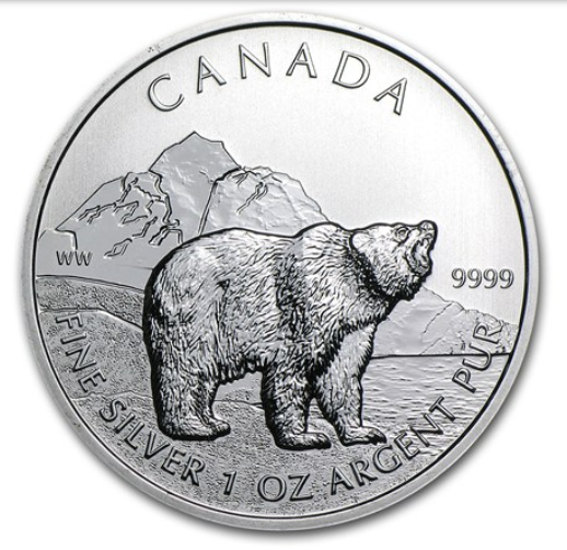 2011 $5 GRIZZLY 1OZ PURE SILVER COIN FRONT