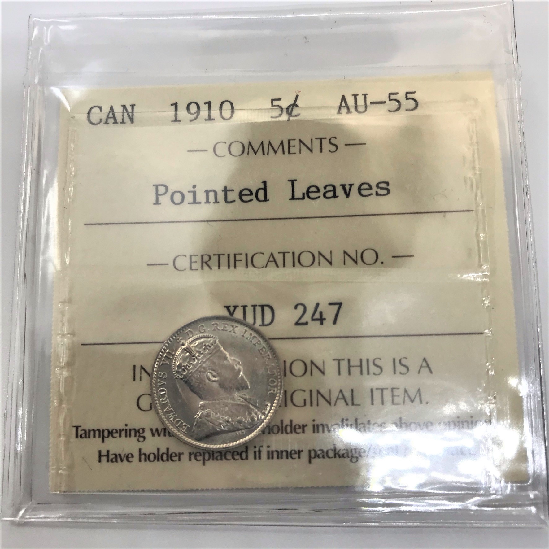 1910 5c AU55 PointedLeaves